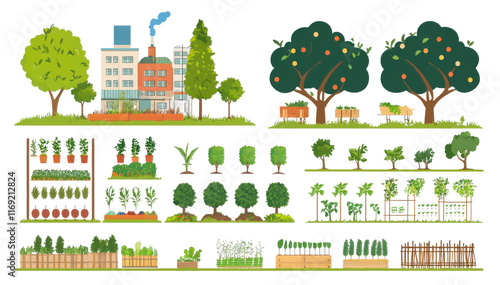 Sustainable urban farming practices cityscape illustrative graphics green environment aerial view urban agriculture concept