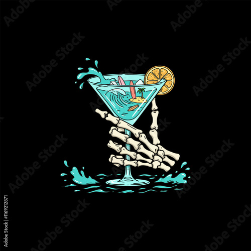 A stylized illustration depicts a skeleton hand gracefully holding a cocktail brimming with ocean waves, surfboards, and a tropical island scene.