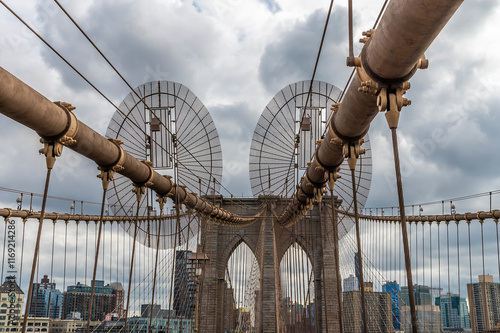 A view looking towards the support tower on Brooklyn end of the Brooklyn Bridge, New York, in the fall