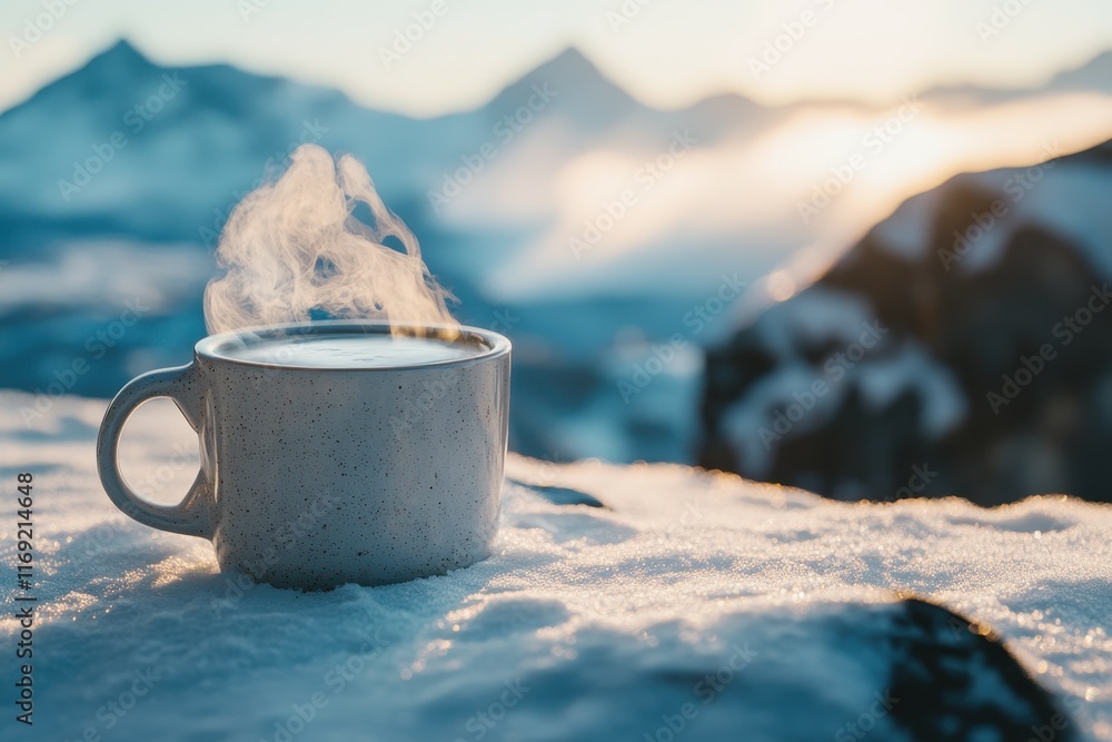 Warm Drink Steam Winter Mountain Landscape Warm Drink Steam Winter Mountain Landscape