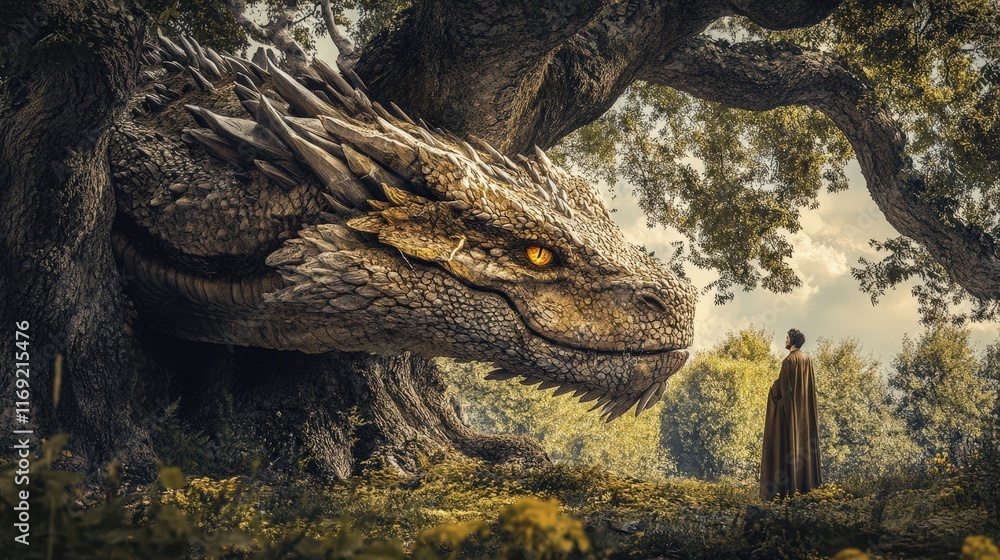 Obraz premium Majestic Dragon and Cloaked Figure in Forest Setting