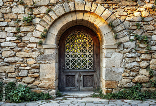 Wallpaper Mural An old stone archway with a latticed window, set against a stone wall background Torontodigital.ca
