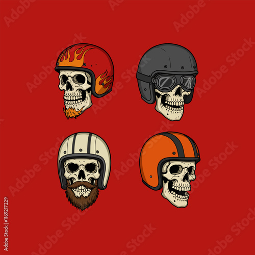 A digital illustration showcases four skulls donning different styles of motorcycle helmets, each with unique facial hair. photo