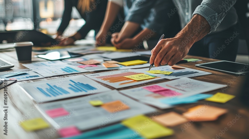Individuals examining data and strategies on a table scattered with colorful post-it notes, depicting an engaging environment for analysis and decision-making. Individuals examining data and strategies on a table scattered with colorful post-it notes, depicting an engaging environment for analysis and decision-making.