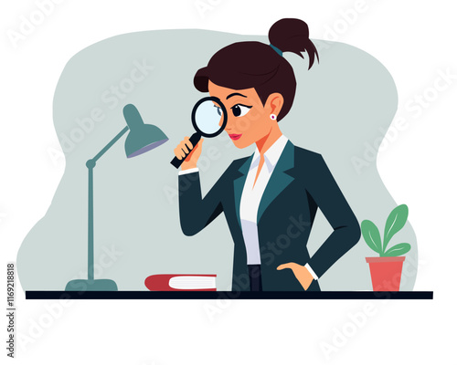 Illustration of a businesswoman in formal attire examining with a magnifying glass at a desk, featuring a lamp, book, and potted plant. Concept of research and analysis