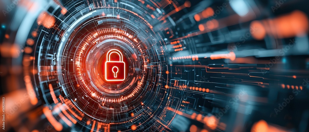 Obraz premium A futuristic digital lock symbol amidst a swirling vortex of data, representing cybersecurity and data protection.
