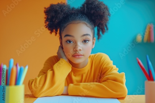 A young girl is dedicatedly practicing her handwriting at a neatly arranged desk photo