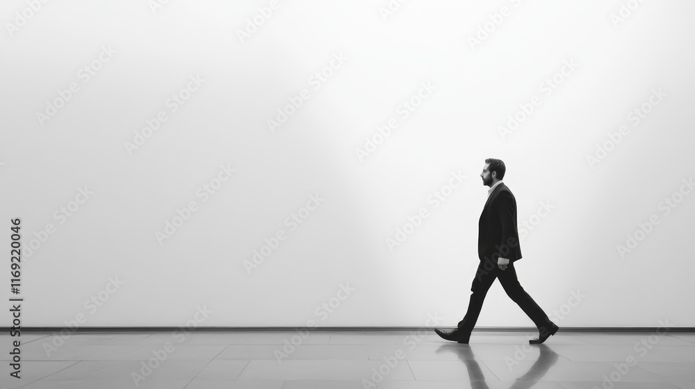 A solitary man in a suit walks against a minimalist backdrop, conveying purpose and isolation. A solitary man in a suit walks against a minimalist backdrop, conveying purpose and isolation.