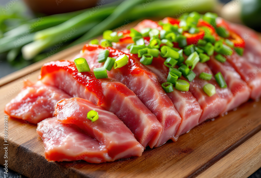 Sliced raw pork belly with green onions and red bell pepper on a wooden cutting board