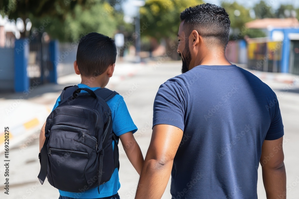 A father is seen walking hand in hand with his son, emphasizing their strong relationship and the importance of companionship on the journey to school. A father is seen walking hand in hand with his son, emphasizing their strong relationship and the importance of companionship on the journey to school.