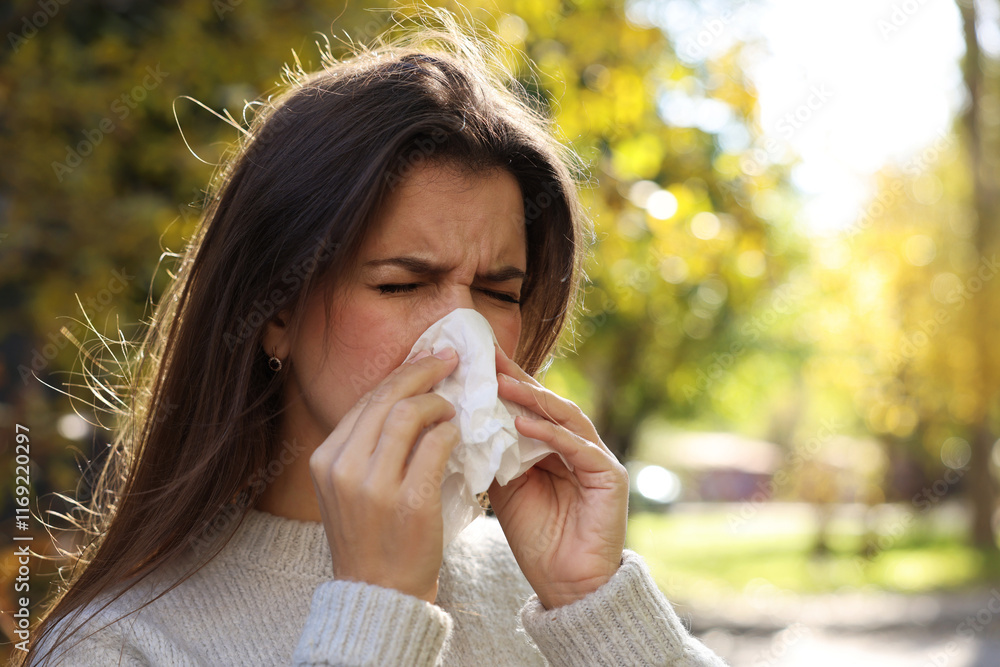 Young woman with runny nose in park Young woman with runny nose in park