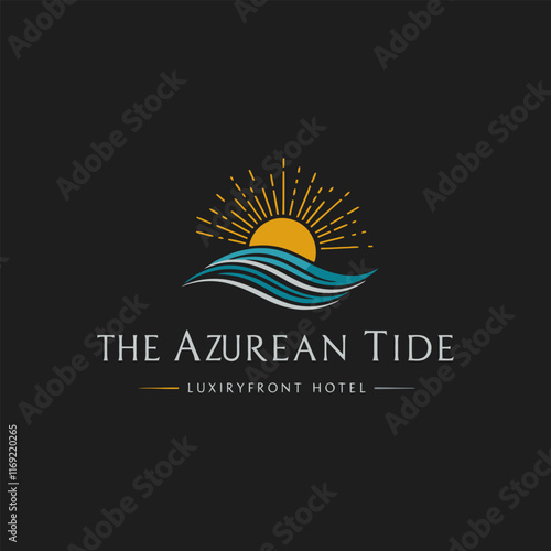 A stylized logo for a luxury waterfront hotel featuring a sun setting over stylized ocean waves.