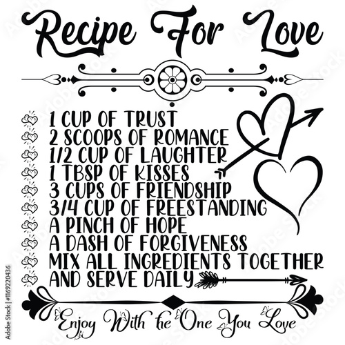 recipe For Love 1 Cup Of Trust 2 Scoops Of Romance 1/2 Cup Of Laughter 1 Tbsp Of Kisses 3 Cups Of Friendship 3/4 Cup Of Freestanding A Pinch Of Hope A Dash Of Forgiveness Mix All Ingredients Together 