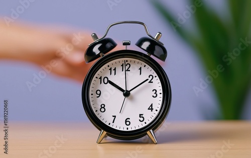 A vintage black alarm clock on a table, with a hand reaching to adjust the time against a soft purple background and a plant in view. photo