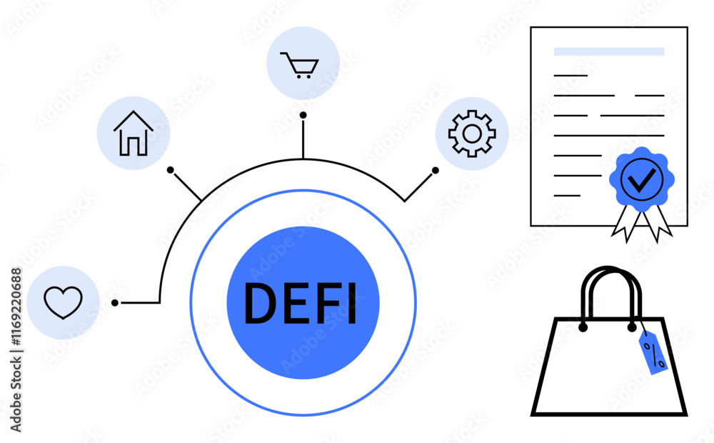 Central DeFi text with connecting icons for home, shopping cart, gear, heart, and document. Ideal for financial technology, blockchain, digital contracts, investment security e-commerce modern Central DeFi text with connecting icons for home, shopping cart, gear, heart, and document. Ideal for financial technology, blockchain, digital contracts, investment security e-commerce modern