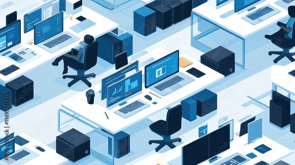 Modern Office Workspace Isometric View of Coworkers at Desks with Computers and Technology Modern Office Workspace Isometric View of Coworkers at Desks with Computers and Technology