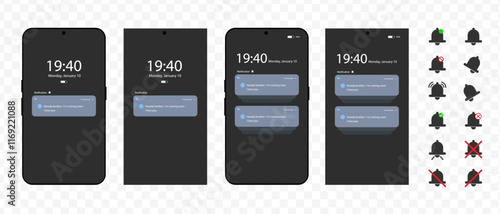 Notification screen UI. Push notification. SMS notification on the screen of the smartphone. Sms popup. Message exchange

