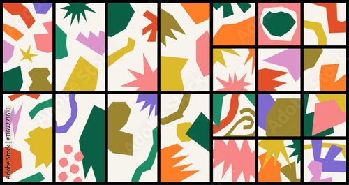 Colorful, abstract and funky backgrounds. Vertical and square backgrounds for social networks. Patterns with naive and cut-out shapes.