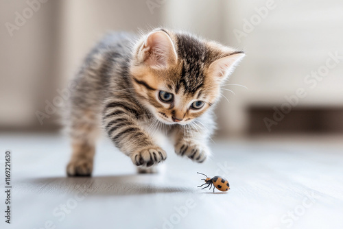 An adorable, fluffy kitten kicks a small toy bug with its tiny paws, its mouth slightly open in concentration. The toy bug rolls across the floor as the kitten's legs flail in excitement. photo