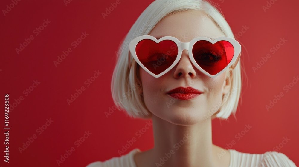 Beautiful portrait of girl in sunglasses in the shape of hearts. Valentine's Day. Symbol of love Beautiful portrait of girl in sunglasses in the shape of hearts. Valentine's Day. Symbol of love