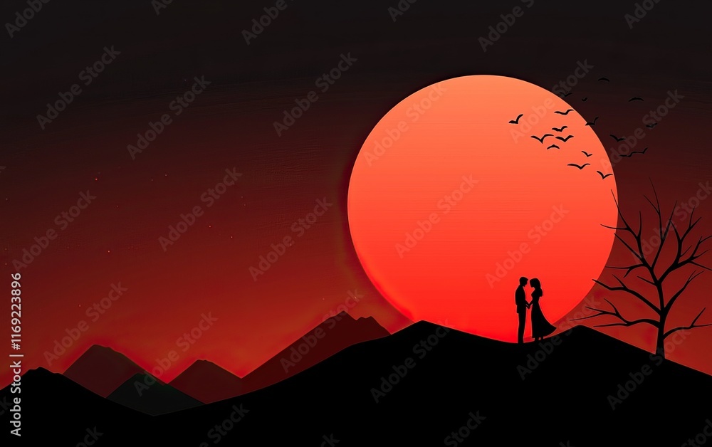 Naklejka premium A romantic silhouette of a couple against a vibrant sunset, with mountains in the background and birds flying across the glowing red sun.