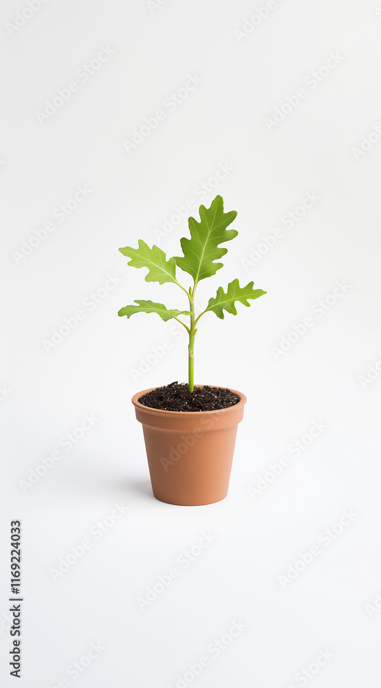 Freshly sprouted oak plant in a rustic terracotta pot Freshly sprouted oak plant in a rustic terracotta pot