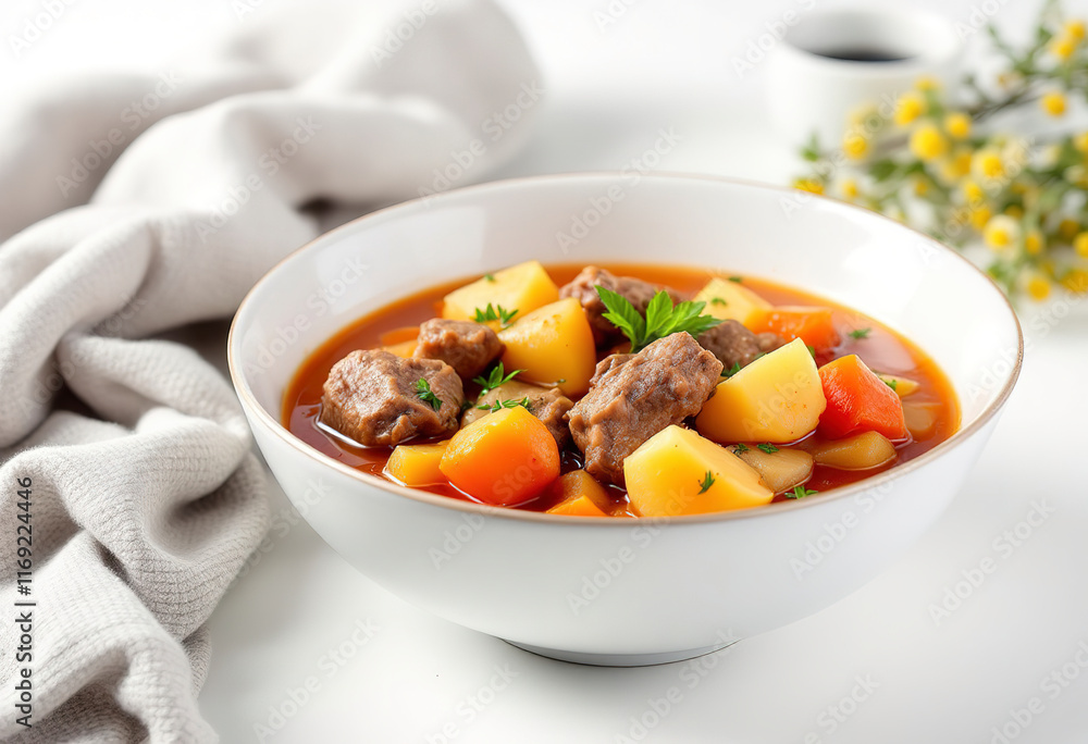 a bowl of stew with chunks of meat and potatoes isolated on white background
