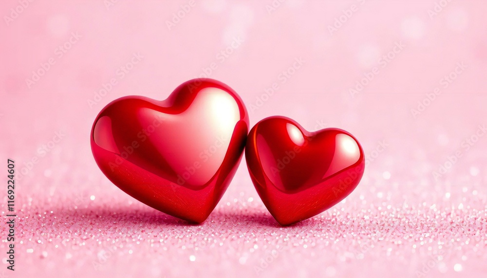 Two shiny red hearts sit on a pink glitter background symbolizing love and romance Two shiny red hearts sit on a pink glitter background symbolizing love and romance