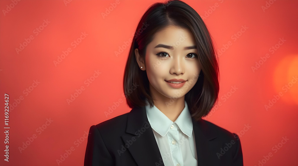 Closeup portrait of a young Asian woman wearing a business suit and a crisp white shirt. Closeup portrait of a young Asian woman wearing a business suit and a crisp white shirt.