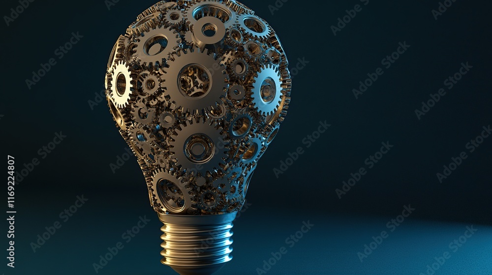 A conceptual image of a lightbulb made up of interconnected gears and circuits, symbolizing innovative ideas and technology. The lightbulb emits a soft glow against a dark gradient background. A conceptual image of a lightbulb made up of interconnected gears and circuits, symbolizing innovative ideas and technology. The lightbulb emits a soft glow against a dark gradient background.