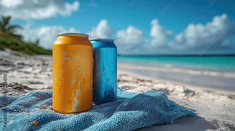 Two aluminum cans sit on a beach towel on a tropical beach. Two aluminum cans sit on a beach towel on a tropical beach.