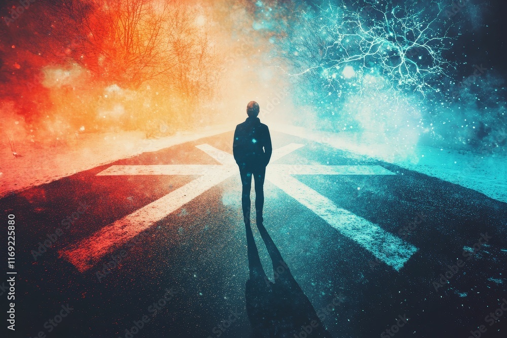 Figure stands at crossroads, contrasting colored paths. Figure stands at crossroads, contrasting colored paths.