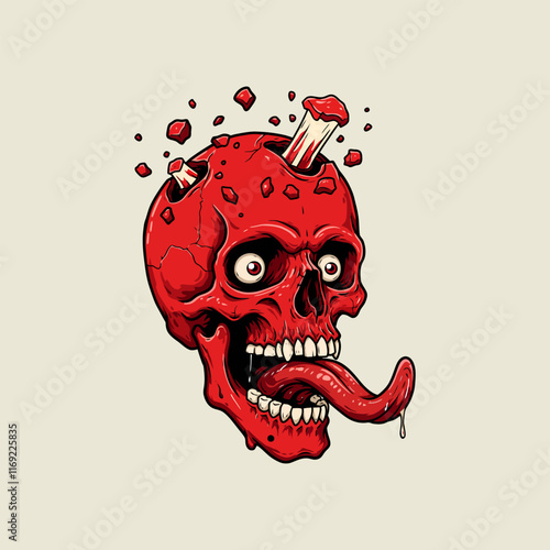 A graphic illustration depicts a red skull with a bone protruding from its fractured head and a long dripping tongue.