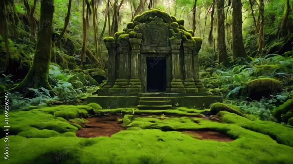 A forgotten stone shrine in the middle of a lush forest, its surface blanketed with vibrant moss and surrounded by trickling streams and delicate flowers, 4k lofi hip-hop bites landscape music video A forgotten stone shrine in the middle of a lush forest, its surface blanketed with vibrant moss and surrounded by trickling streams and delicate flowers, 4k lofi hip-hop bites landscape music video