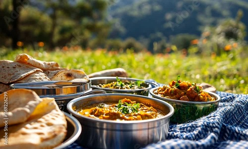 Delicious Indian Picnic in Nature's Embrace: A Culinary Journey Amidst Serene Mountains photo