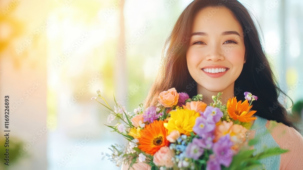 Radiant Joy: A beautiful woman with a warm, genuine smile holds a vibrant bouquet of flowers, radiating happiness and the beauty of nature. Radiant Joy: A beautiful woman with a warm, genuine smile holds a vibrant bouquet of flowers, radiating happiness and the beauty of nature.
