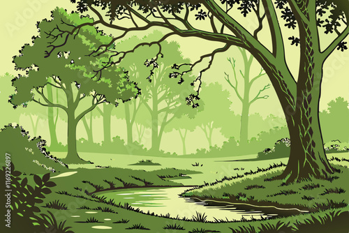 A lush forest glade bathed in soft sunlight, a small pond at its center reflecting the trees, and the air filled with the scent of fresh earth