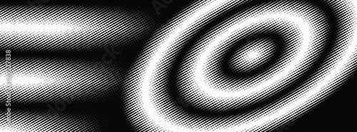 vector illustration, futuristic circular halftone design with dynamic diagonal stripes in bold black and white, surface texture background.