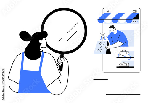 Woman holds magnifying glass to scrutinize smartphone displaying online retail shop with items and shopkeeper. Ideal for e-commerce, online shopping, retail, consumer behavior, product search, market
