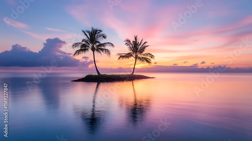 Two Palm Trees on a Small Island at Sunset