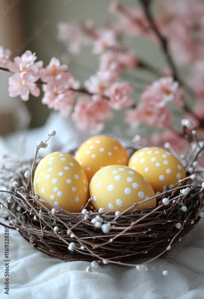 Yellow polka dot eggs nestled in a nest surrounded by pink blossoms during springtime Yellow polka dot eggs nestled in a nest surrounded by pink blossoms during springtime