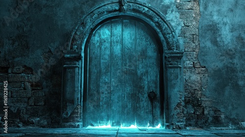 Ancient Teal Doorway in a Crumbling Stone Wall