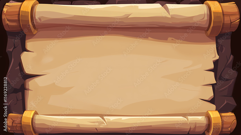 Fototapeta premium Ancient scroll template with blank parchment and rolled edges for text or design. Parchment. Illustration