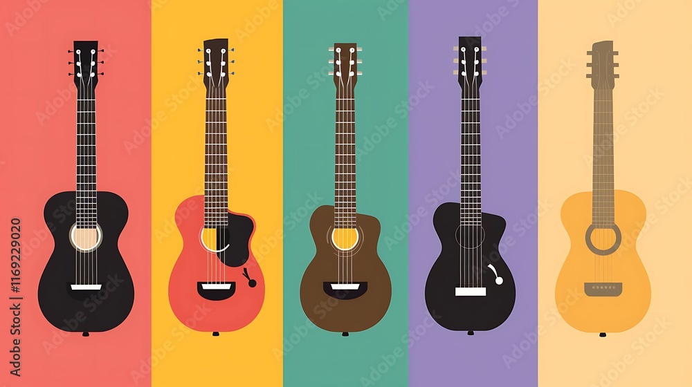 Naklejka premium Five Colorful Acoustic Guitars Displayed Vertically