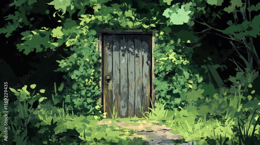 Overgrown Wooden Door Hidden Deep Within Lush Green Foliage Overgrown Wooden Door Hidden Deep Within Lush Green Foliage