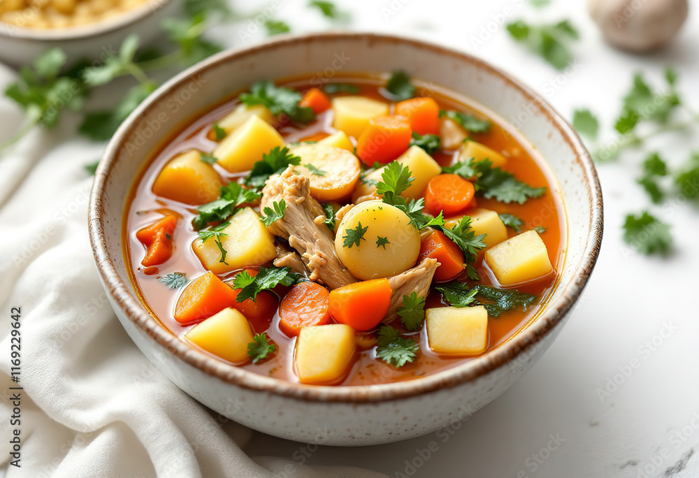 A photo of a bowl of hearty chicken vegetable soup with carrots, diced potatoes, and greens isolated on white background