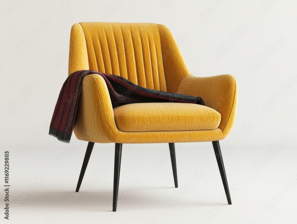 Obraz premium Modern Bold Yellow Chair with Throw Blanket, Designed for Comfort and Style, Perfect for Contemporary Living Room or Lounge Spaces