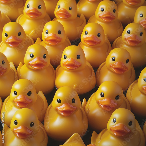 yellow rubber ducks with orange beaks closely arranged, creating a playful and cheerful pattern. Their shiny surfaces and uniformity add a fun and whimsical touch