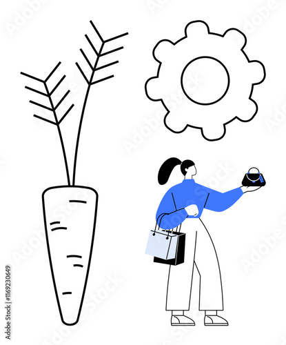 Woman with ponytail, blue sweater, and white pants holding teapot and shopping bags. Large carrot and cogwheel shape. Ideal for kitchenware, shopping, healthy eating, agriculture, machinery duality