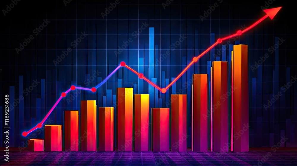 Fototapeta premium A vibrant bar graph with an upward arrow shows growth and positive trend. Ideal for presentations on financial success, market analysis, or business reports.